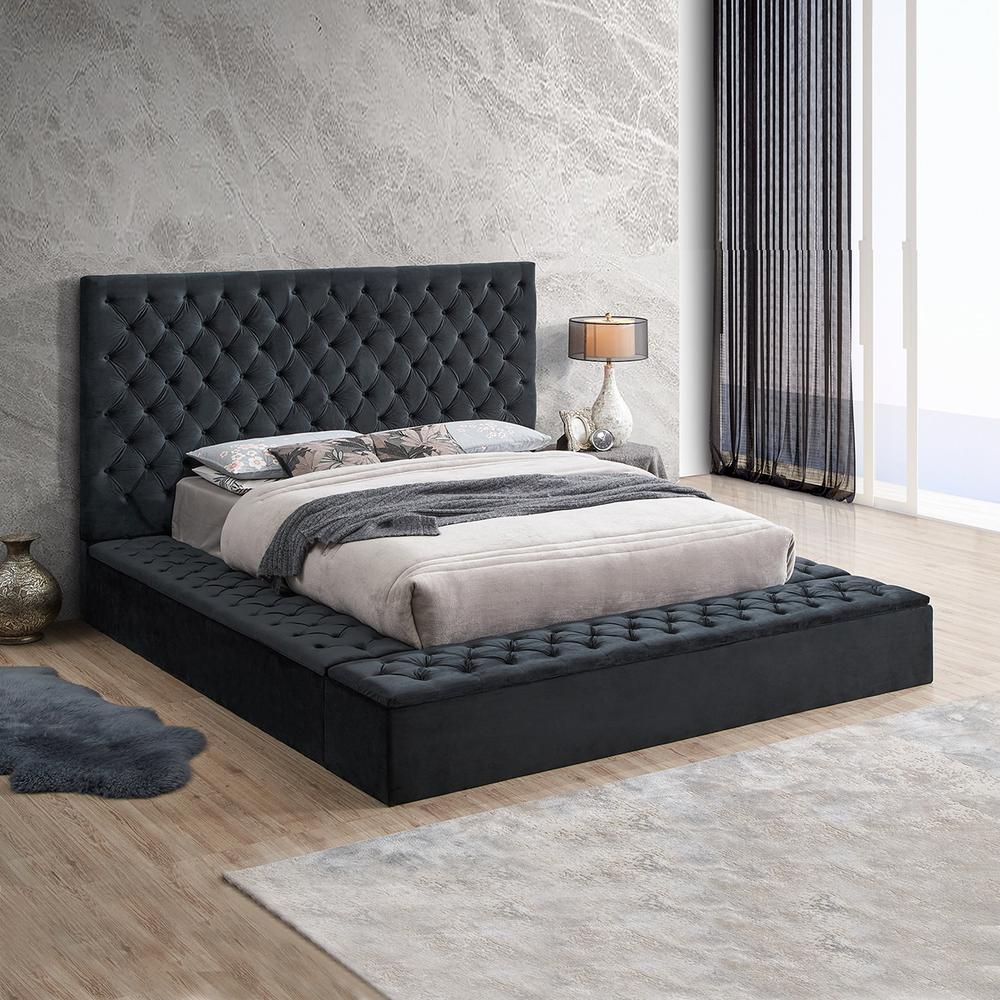 Better Home Products Cosmopolitan Velvet Upholstered Platform Queen Bed in Black. Picture 2