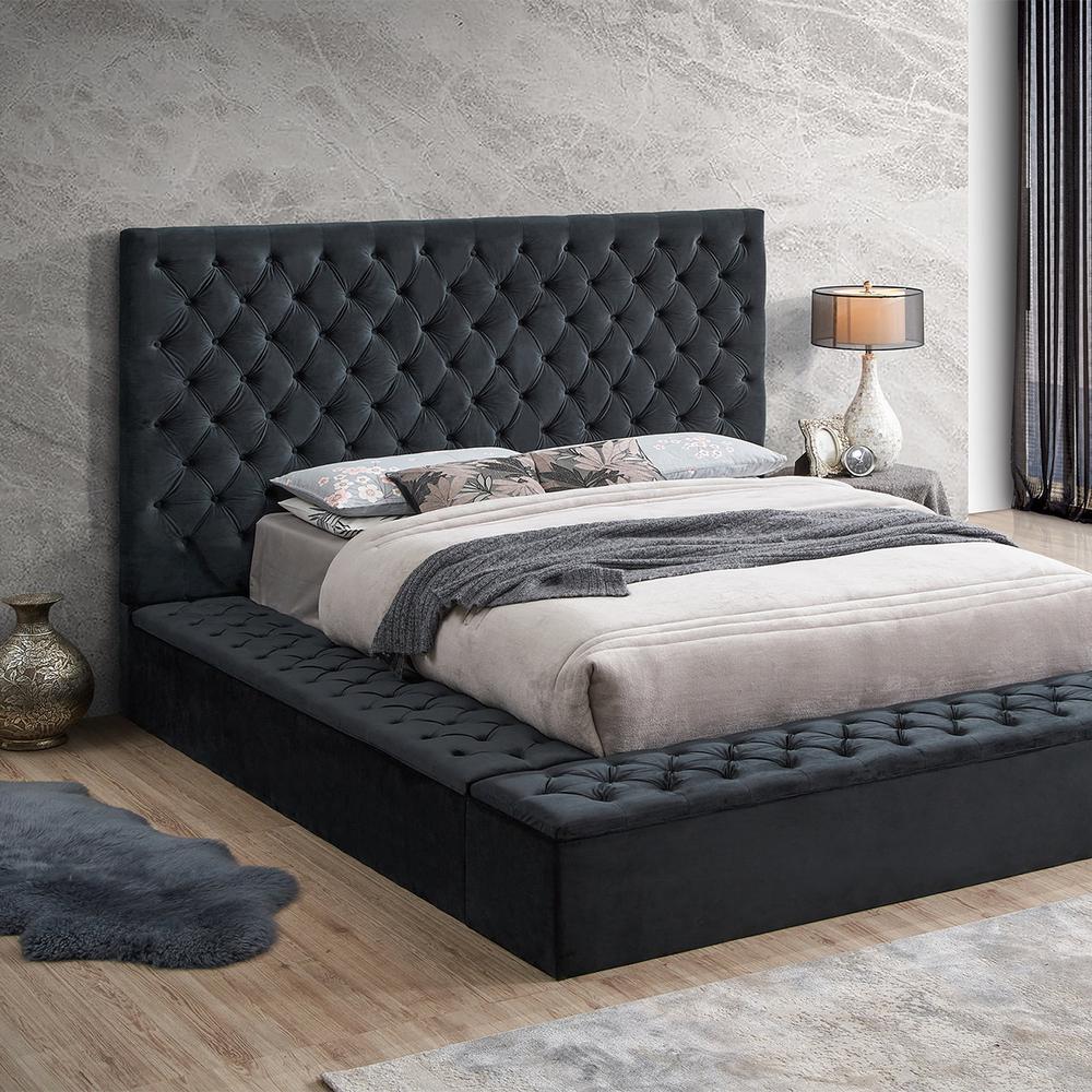 Better Home Products Cosmopolitan Velvet Upholstered Platform Queen Bed in Black. Picture 3