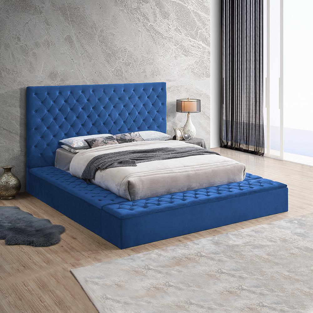 Better Home Products Cosmopolitan Velvet Upholstered Platform Queen Bed in Blue. Picture 2