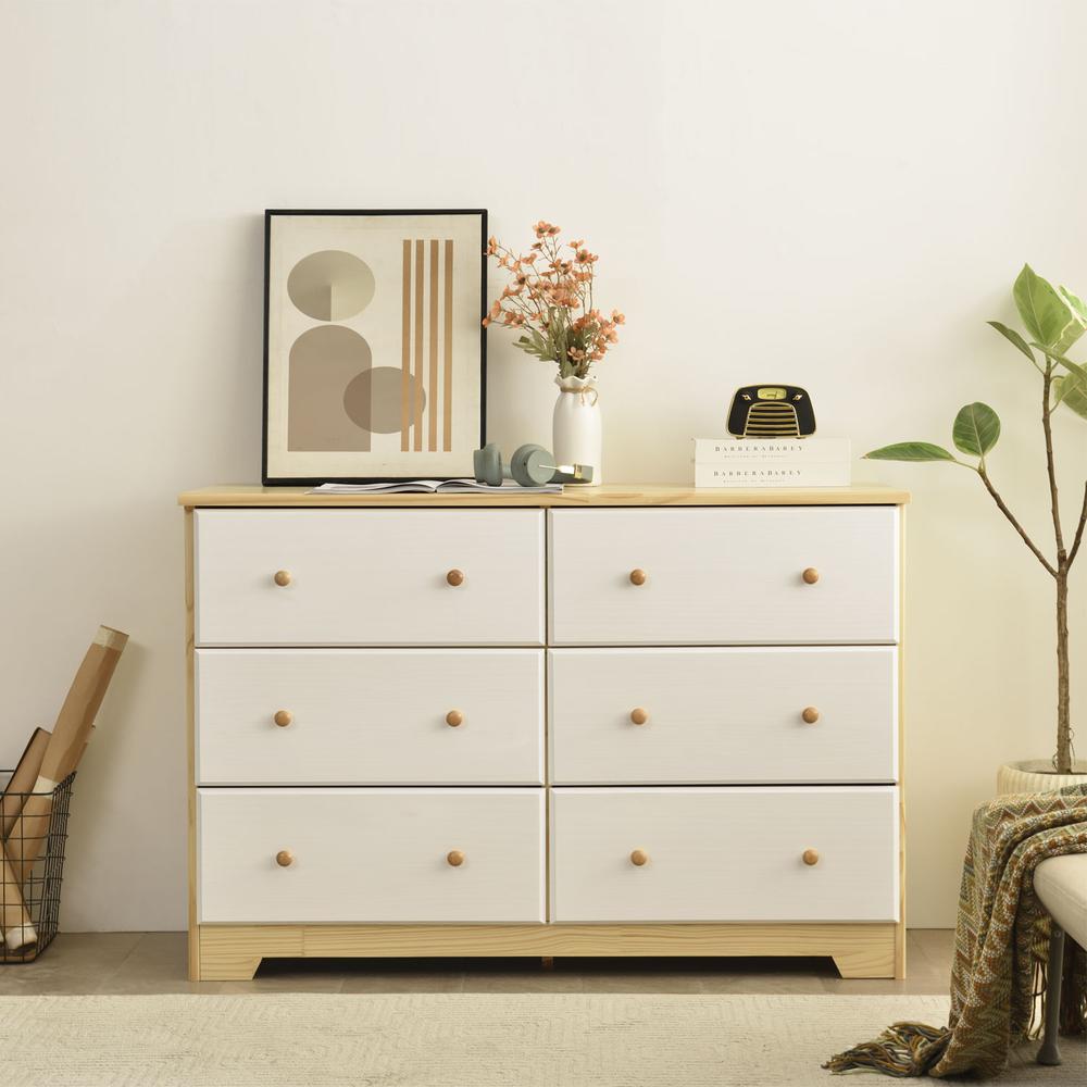 Better Home Products Solid Pine Wood 6 Drawer Double Dresser in Natural & White.. Picture 7