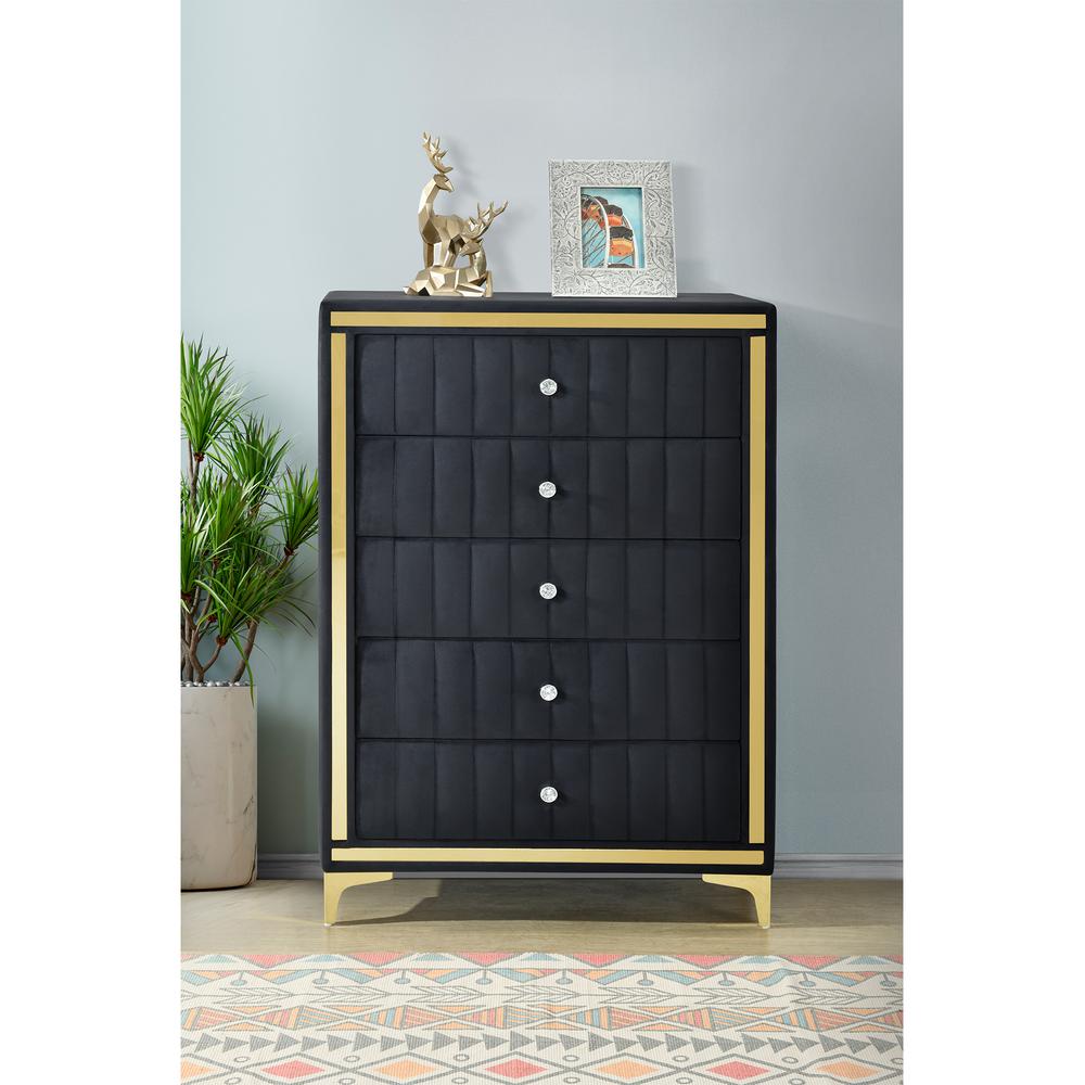Upholstered 5-Drawer Chest Dresser with Gold Legs and Gold Trim. Picture 14