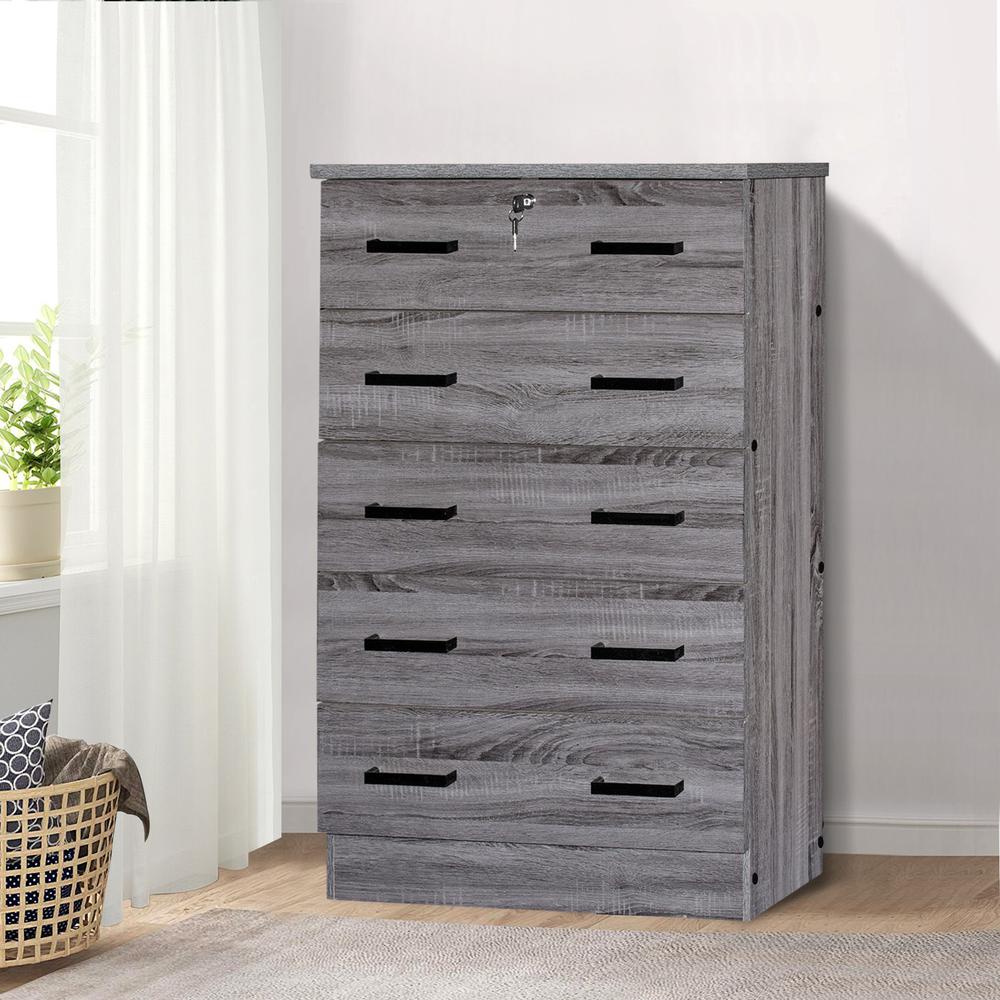 Better Home Products Cindy 5 Drawer Chest Wooden Dresser with Lock in Gray. Picture 4