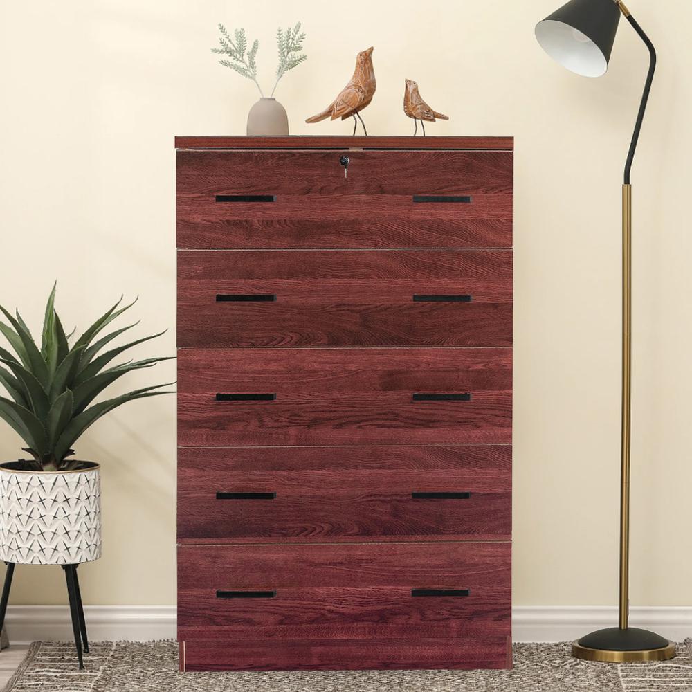 Better Home Products Cindy 5 Drawer Chest Wooden Dresser with Lock in Mahogany. Picture 7