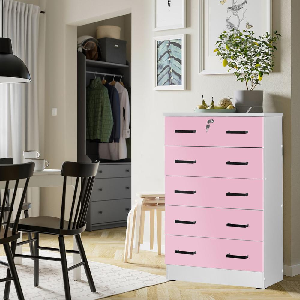 Better Home Products Cindy 5 Drawer Chest Wooden Dresser with Lock in Pink. Picture 10
