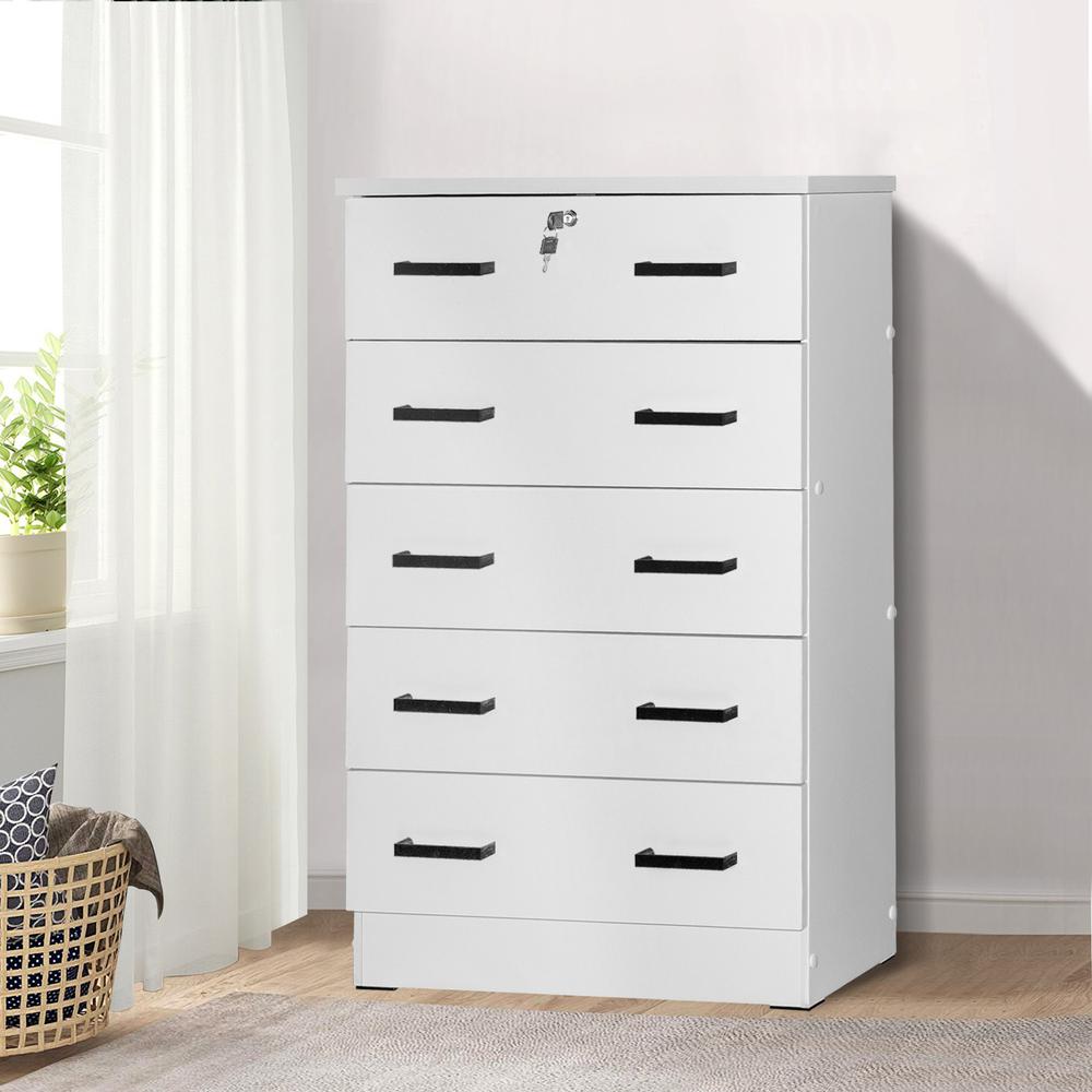 Better Home Products Cindy 5 Drawer Chest Wooden Dresser with Lock in White. Picture 14
