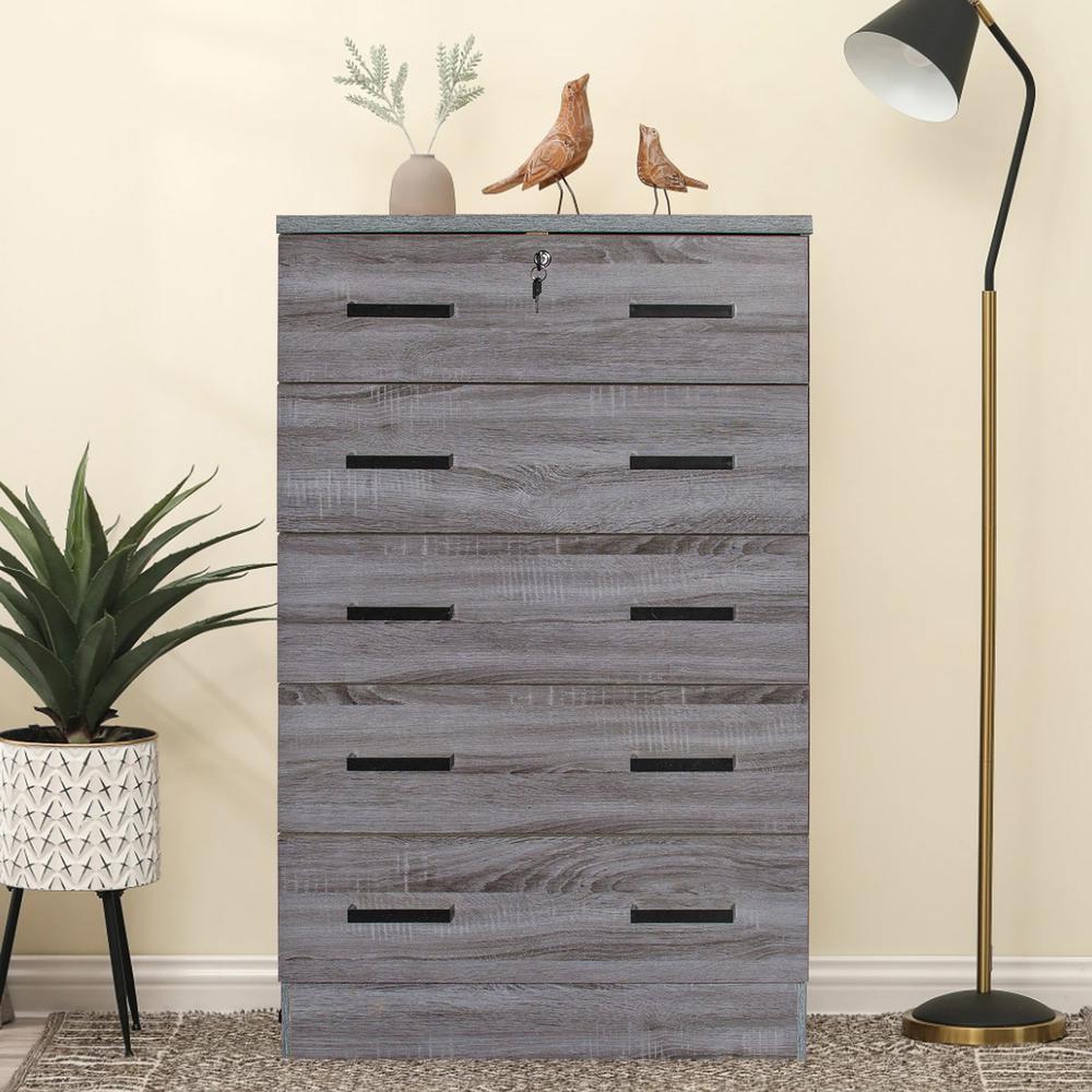 Better Home Products Cindy 5 Drawer Chest Wooden Dresser with Lock in Gray. Picture 7