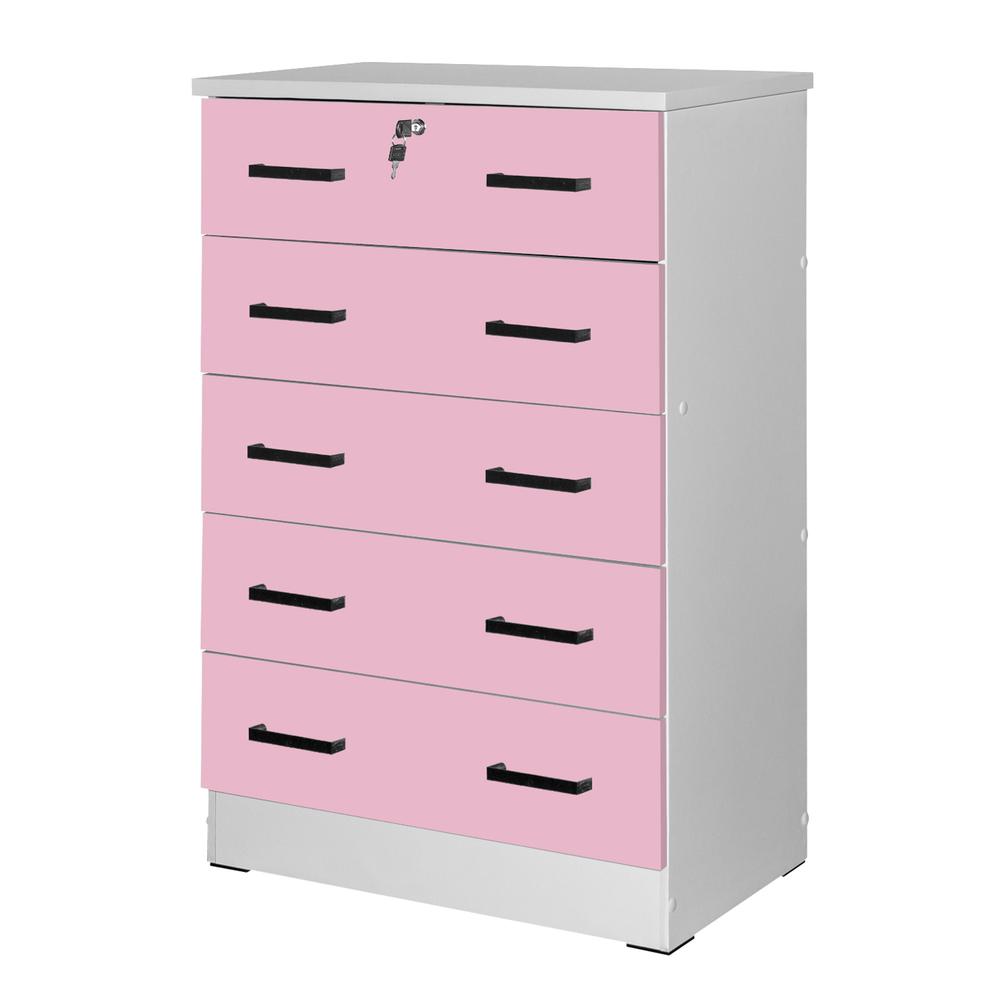 Better Home Products Cindy 5 Drawer Chest Wooden Dresser with Lock in Pink. Picture 4