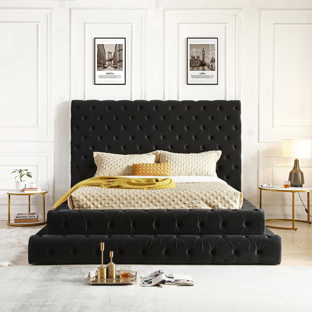 Velvet Queen Bed with Deep Button Tufting in Black. Picture 5