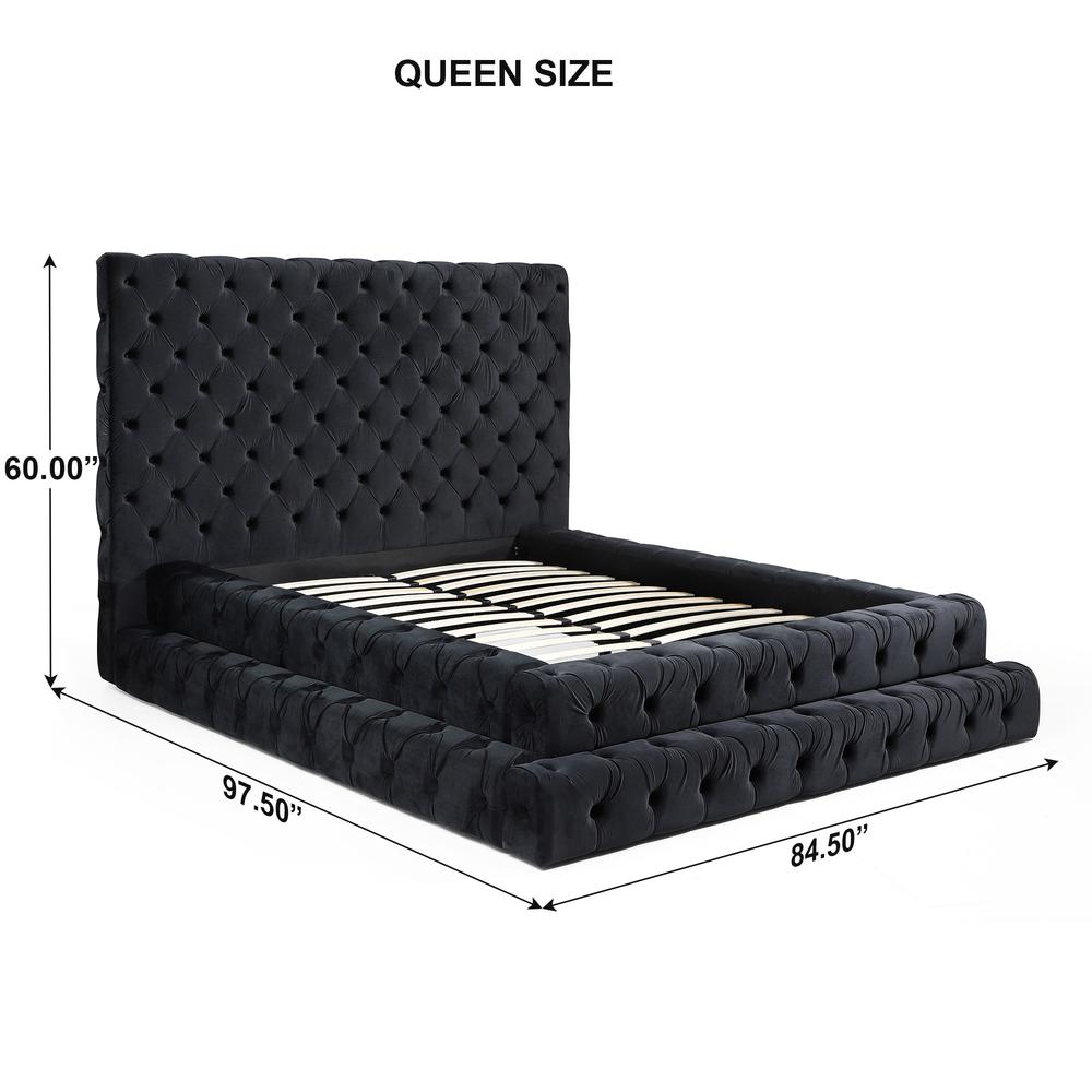 Velvet Queen Bed with Deep Button Tufting in Black. Picture 6