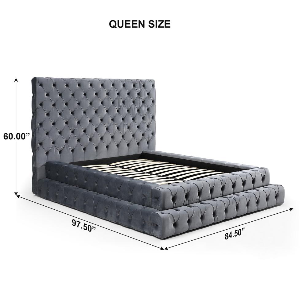 Velvet Queen Bed with Deep Button Tufting in Gray. Picture 5