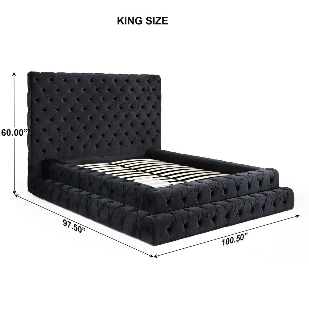 Velvet King Bed with Deep Button Tufting in Black. Picture 4