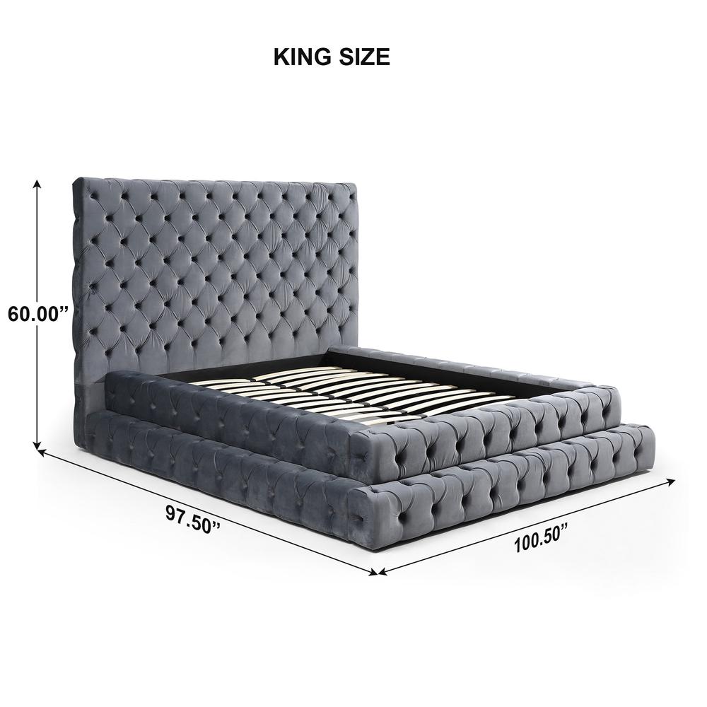 Velvet King Bed with Deep Button Tufting in Gray. Picture 5