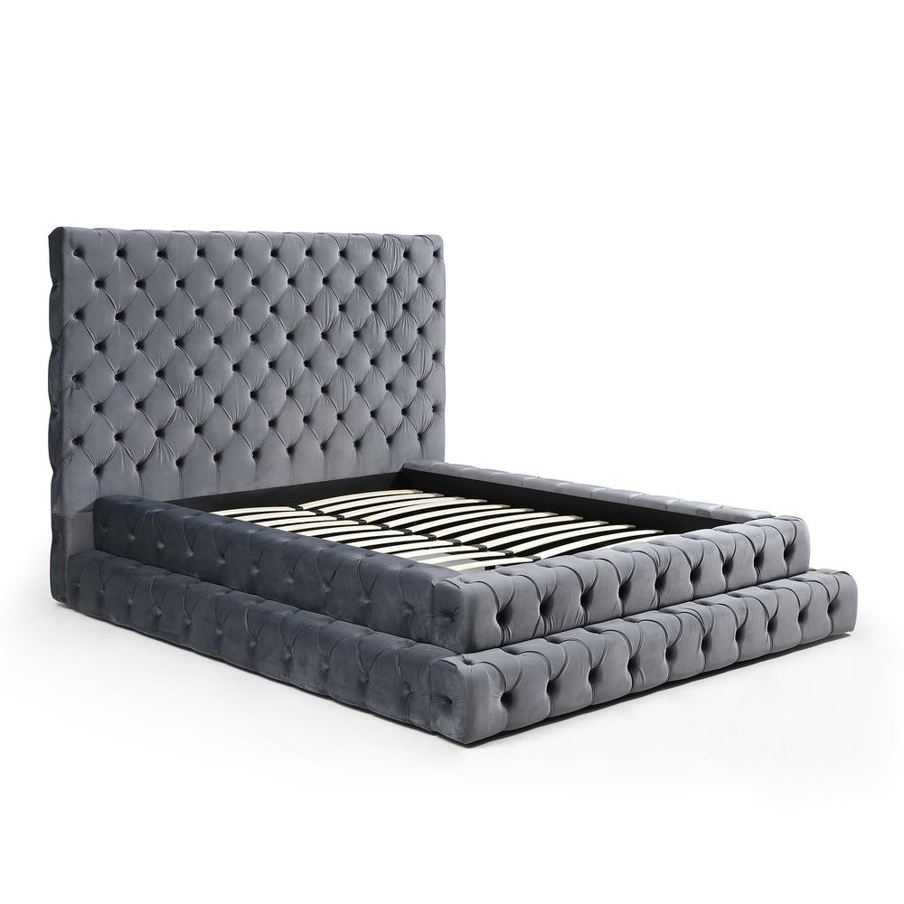 Velvet King Bed with Deep Button Tufting in Gray. Picture 6