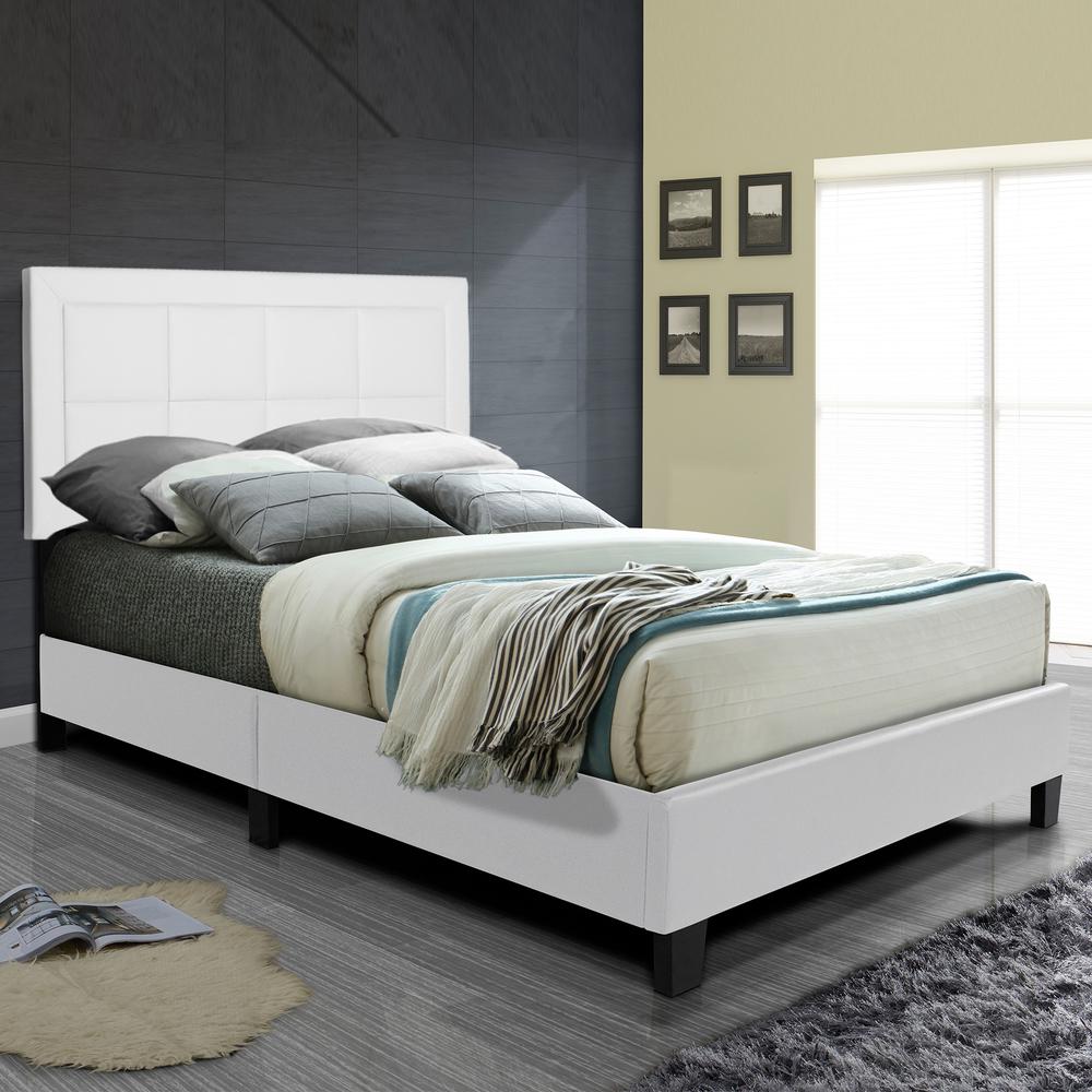 Better Home Products Elegant Faux Leather Upholstered Panel Bed Queen in White. Picture 6
