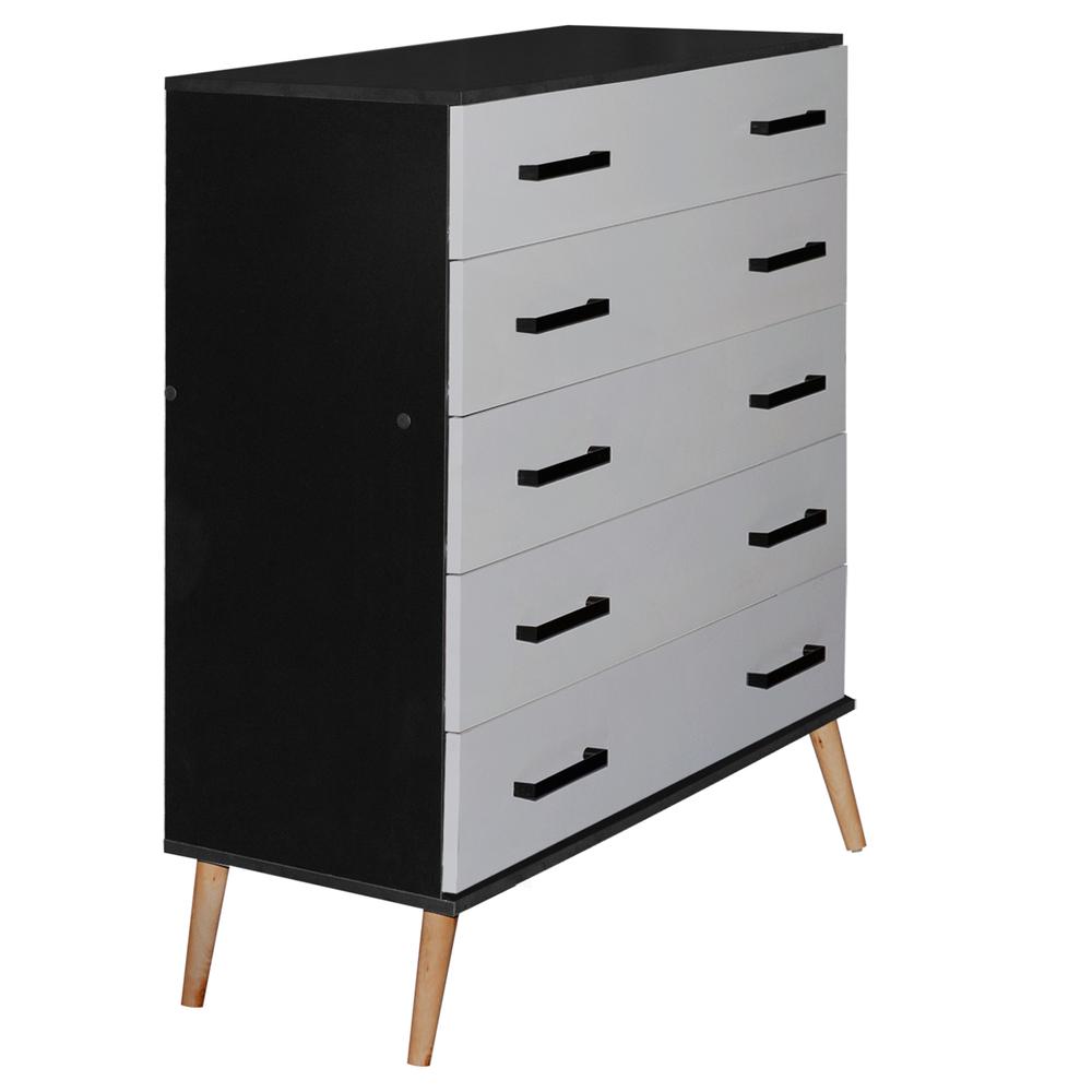 Better Home Products Eli Mid-Century Modern 5 Drawer Chest in Black & Light Gray. Picture 2