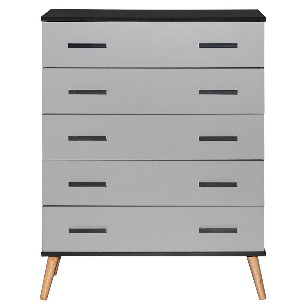 Better Home Products Eli Mid-Century Modern 5 Drawer Chest in Black & Light Gray. Picture 3