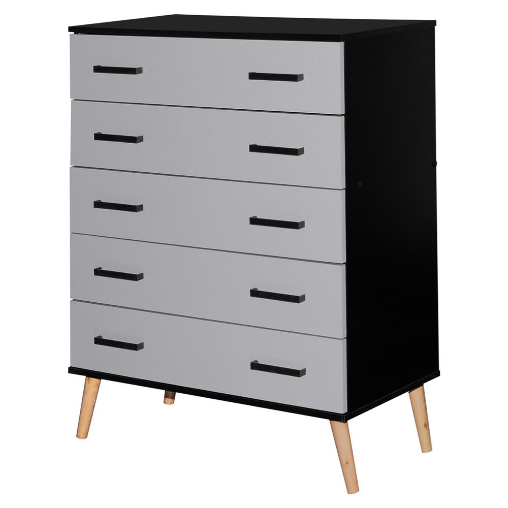 Better Home Products Eli Mid-Century Modern 5 Drawer Chest in Black & Light Gray. Picture 1