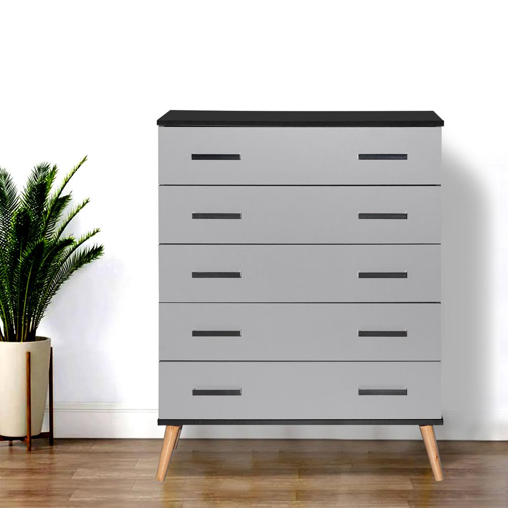 Better Home Products Eli Mid-Century Modern 5 Drawer Chest in Black & Light Gray. Picture 6