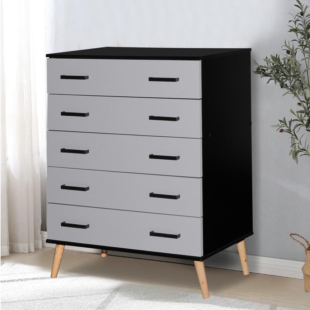 Better Home Products Eli Mid-Century Modern 5 Drawer Chest in Black & Light Gray. Picture 9