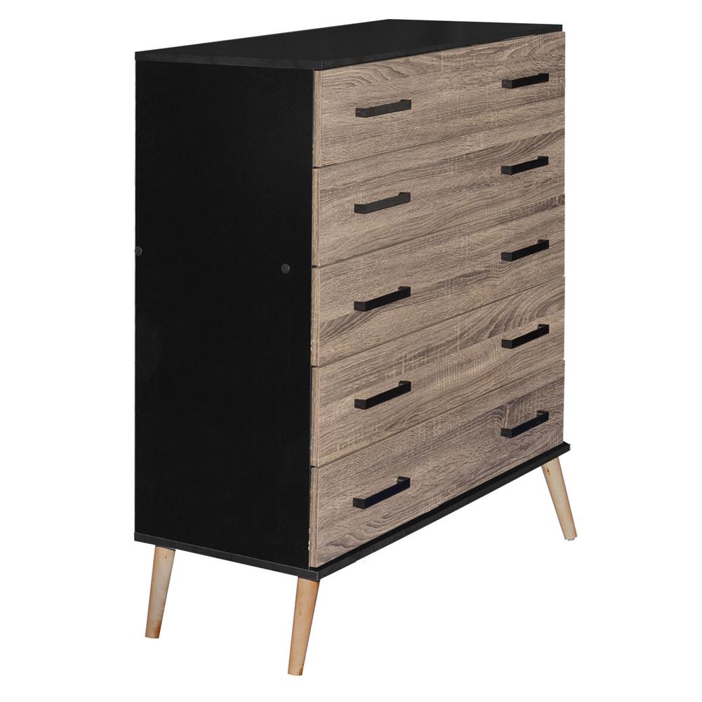 Better Home Products Eli Mid-Century Modern 5 Drawer Chest in Black & Sonoma Oak. Picture 2