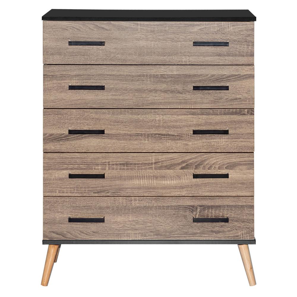 Better Home Products Eli Mid-Century Modern 5 Drawer Chest in Black & Sonoma Oak. Picture 3