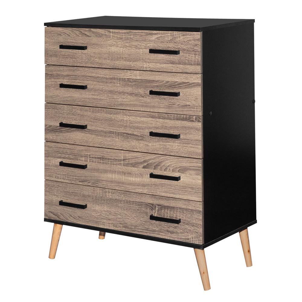 Better Home Products Eli Mid-Century Modern 5 Drawer Chest in Black & Sonoma Oak. Picture 1