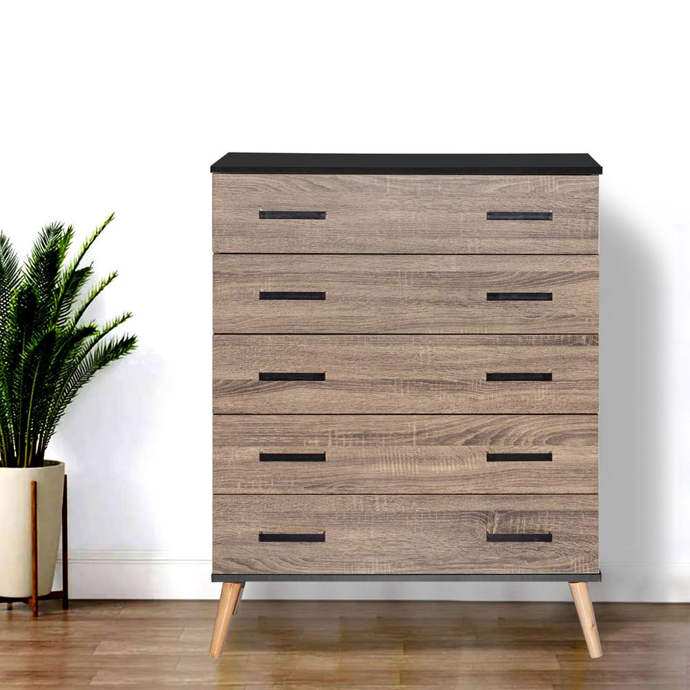 Better Home Products Eli Mid-Century Modern 5 Drawer Chest in Black & Sonoma Oak. Picture 7