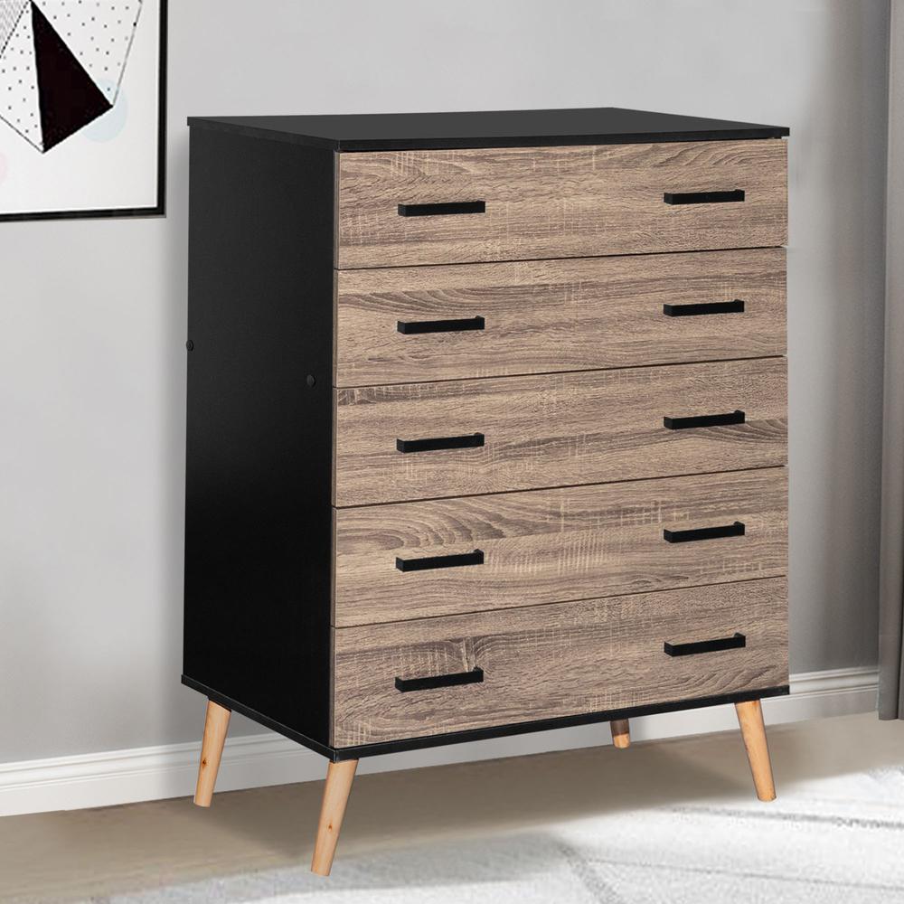 Better Home Products Eli Mid-Century Modern 5 Drawer Chest in Black & Sonoma Oak. Picture 6