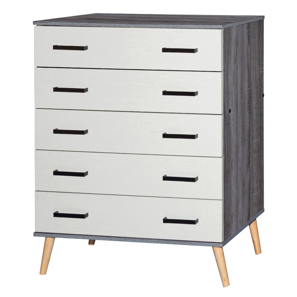 Better Home Products Eli Mid-Century Modern 5 Drawer Chest Charcoal Oak & Silver Oak. Picture 1