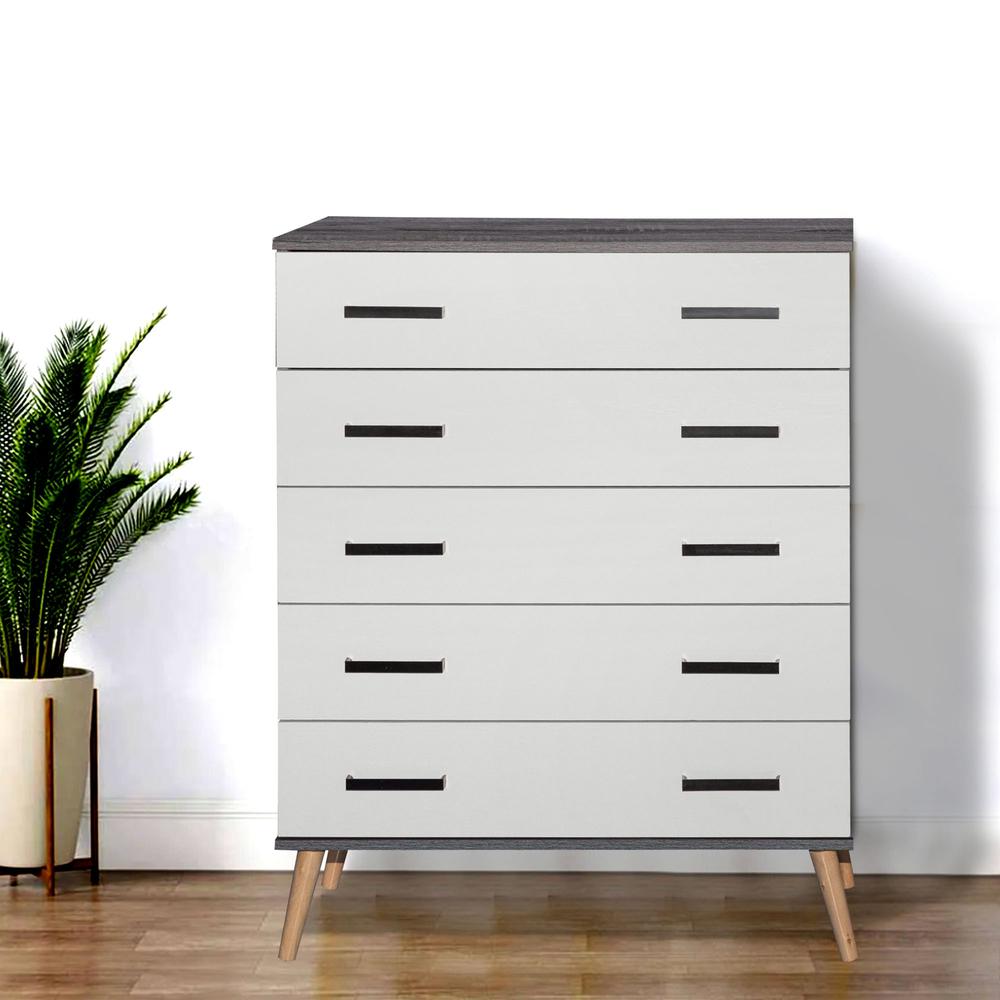 Better Home Products Eli Mid-Century Modern 5 Drawer Chest Charcoal Oak & Silver Oak. Picture 6