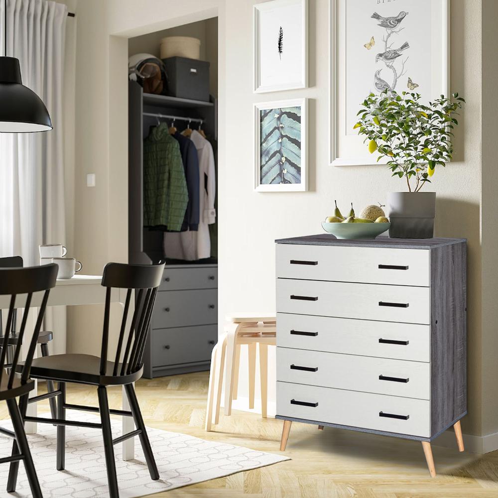 Better Home Products Eli Mid-Century Modern 5 Drawer Chest Charcoal Oak & Silver Oak. Picture 8