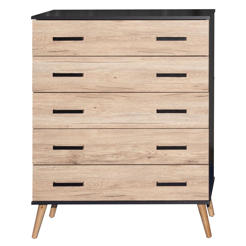 Better Home Products Eli Mid-Century Modern 5 Drawer Chest Dark Gray & Natural Oak. Picture 3