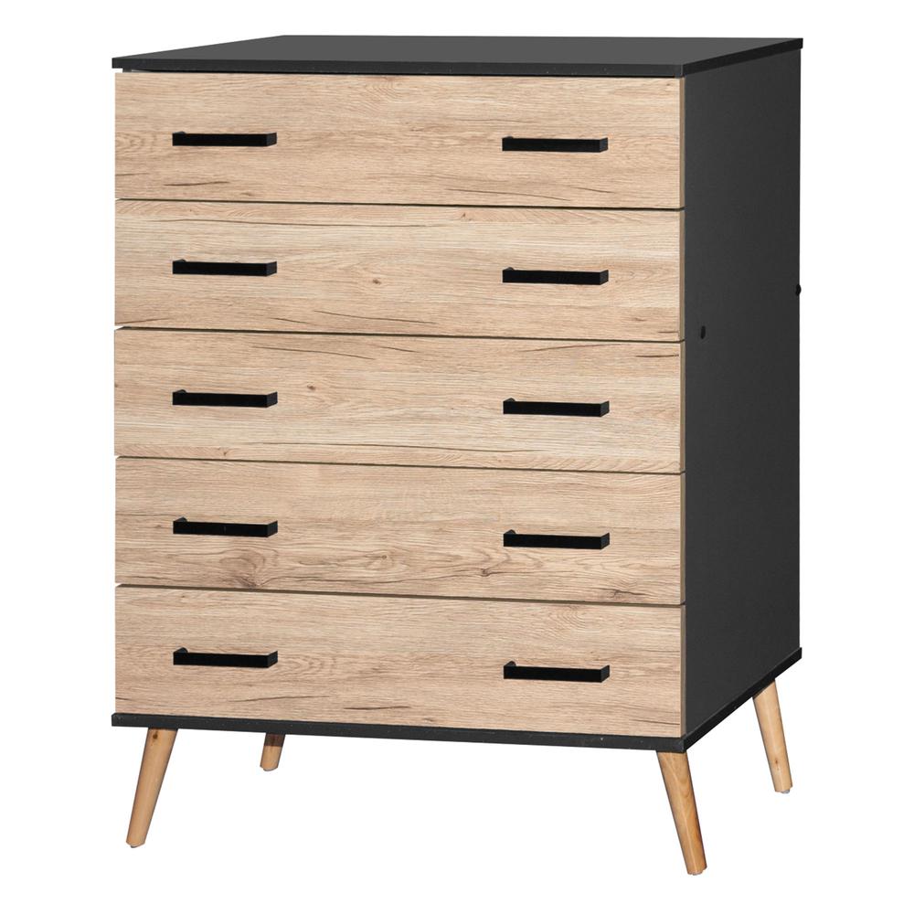 Better Home Products Eli Mid-Century Modern 5 Drawer Chest Dark Gray & Natural Oak. Picture 1