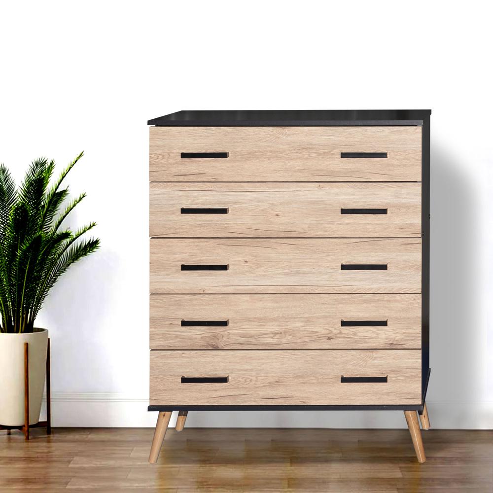 Better Home Products Eli Mid-Century Modern 5 Drawer Chest Dark Gray & Natural Oak. Picture 6