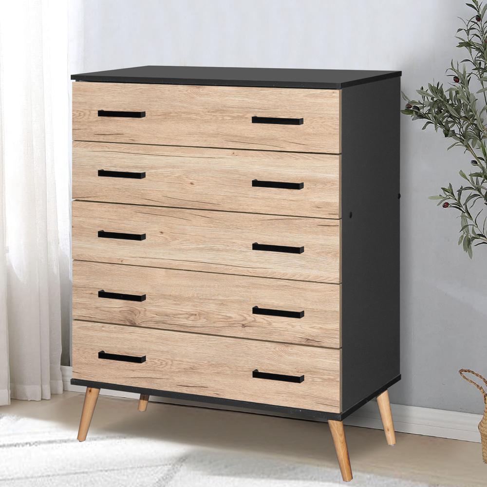 Better Home Products Eli Mid-Century Modern 5 Drawer Chest Dark Gray & Natural Oak. Picture 7
