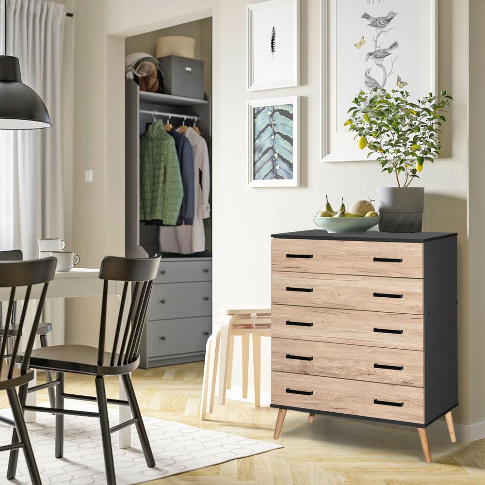 Better Home Products Eli Mid-Century Modern 5 Drawer Chest Dark Gray & Natural Oak. Picture 9