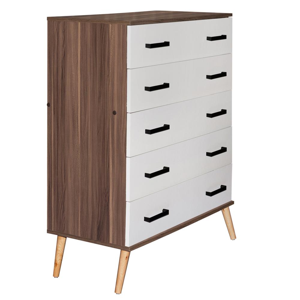 Better Home Products Eli Mid-Century Modern 5 Drawer Chest in Walnut & White. Picture 2