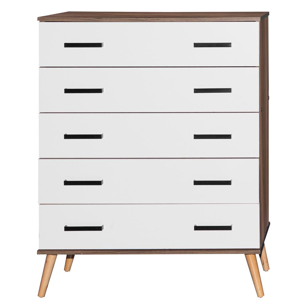 Better Home Products Eli Mid-Century Modern 5 Drawer Chest in Walnut & White. Picture 4