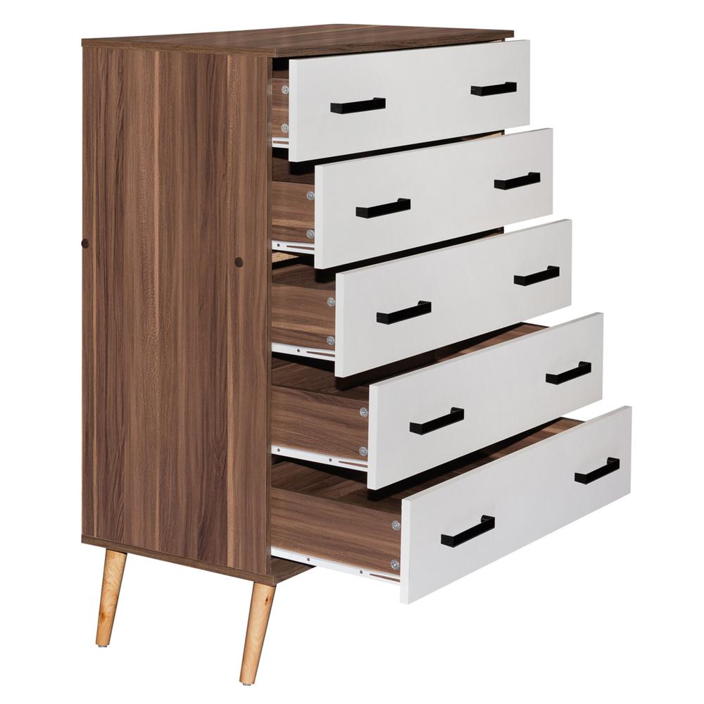 Better Home Products Eli Mid-Century Modern 5 Drawer Chest in Walnut & White. Picture 3