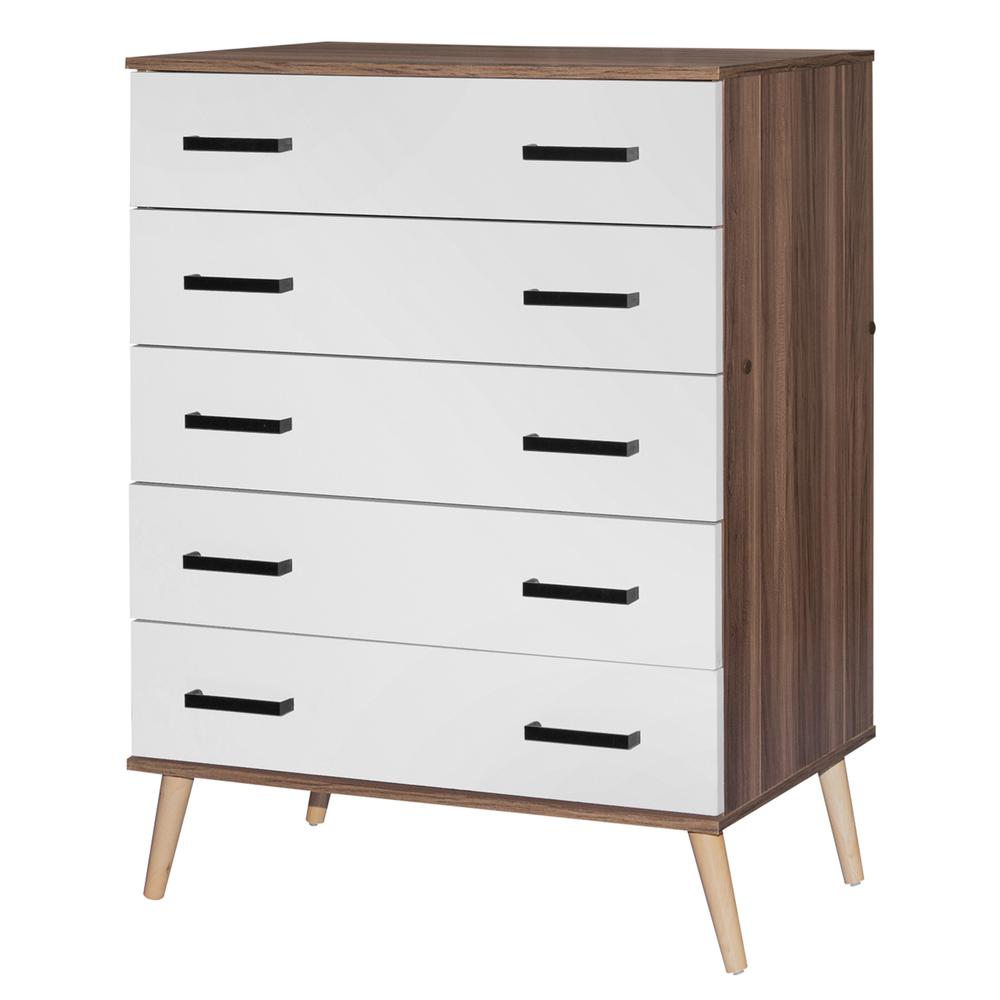 Better Home Products Eli Mid-Century Modern 5 Drawer Chest in Walnut & White. Picture 1