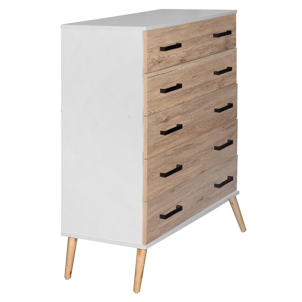 Better Home Products Eli Mid-Century Modern 5 Drawer Chest in White & Natural Oak. Picture 2