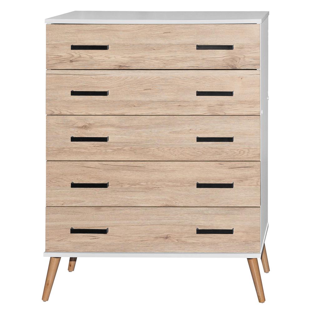 Better Home Products Eli Mid-Century Modern 5 Drawer Chest in White & Natural Oak. Picture 3