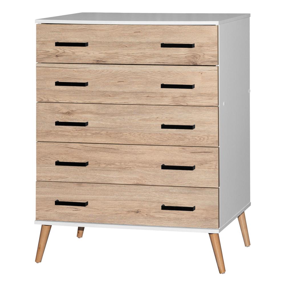 Better Home Products Eli Mid-Century Modern 5 Drawer Chest in White & Natural Oak. Picture 1