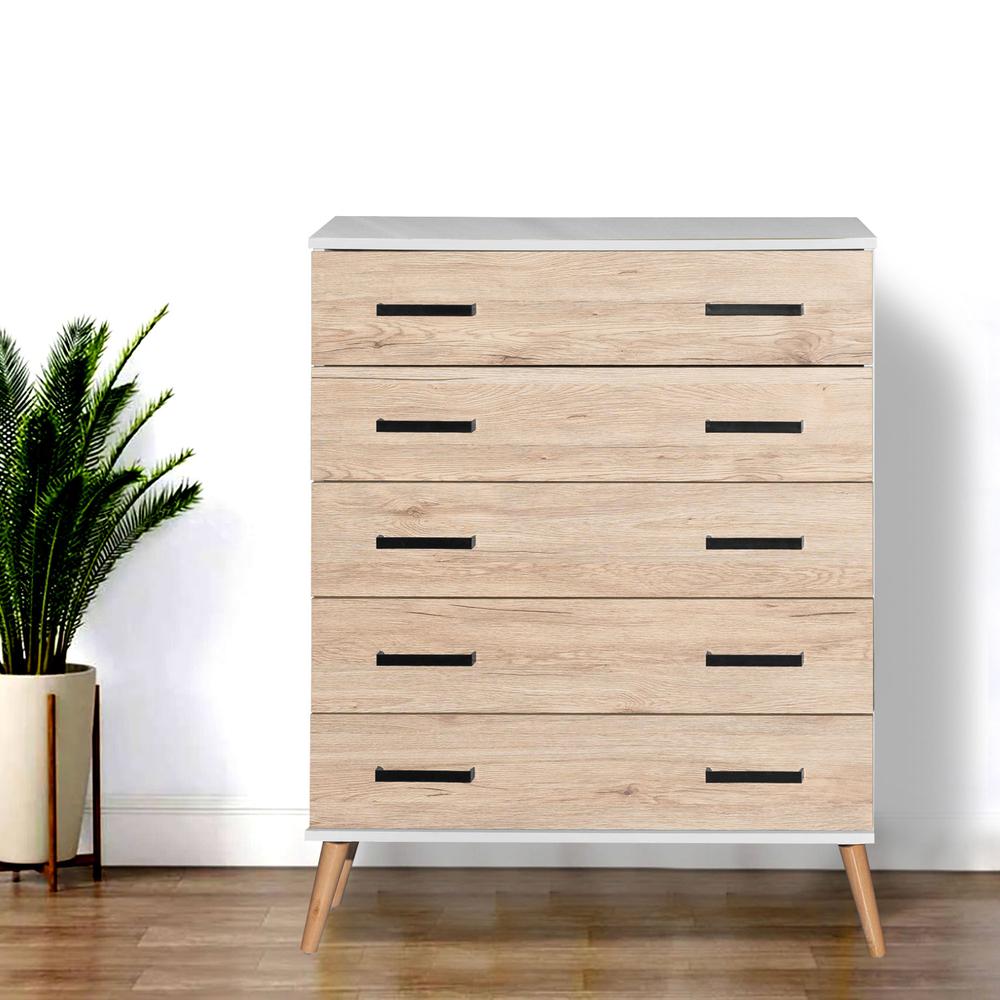 Better Home Products Eli Mid-Century Modern 5 Drawer Chest in White & Natural Oak. Picture 6