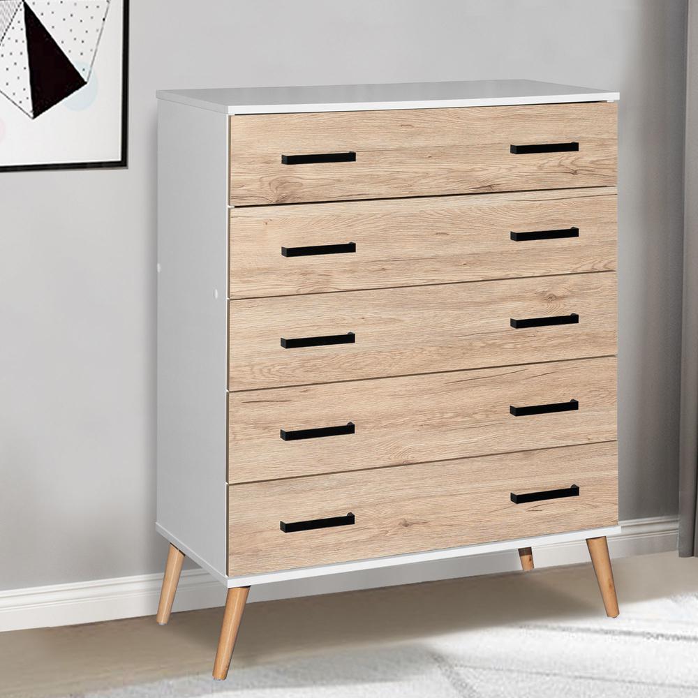Better Home Products Eli Mid-Century Modern 5 Drawer Chest in White & Natural Oak. Picture 7