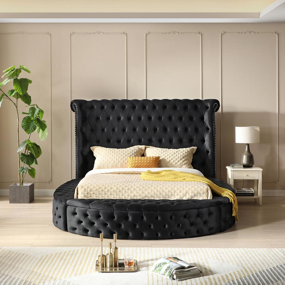 Better Home Products Elizabeth Upholstered Round Storage Queen Bed in Black. Picture 8