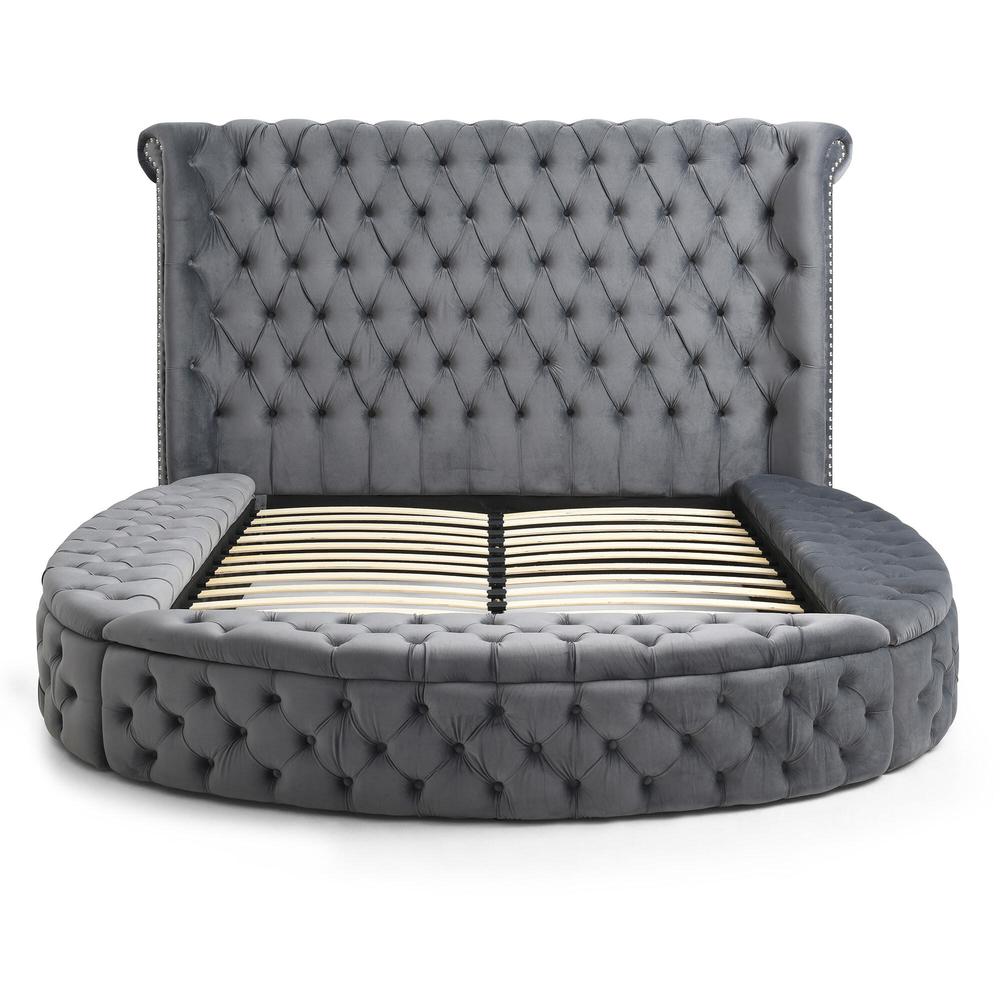 Better Home Products Elizabeth Upholstered Round Storage Queen Bed in Gray. Picture 6