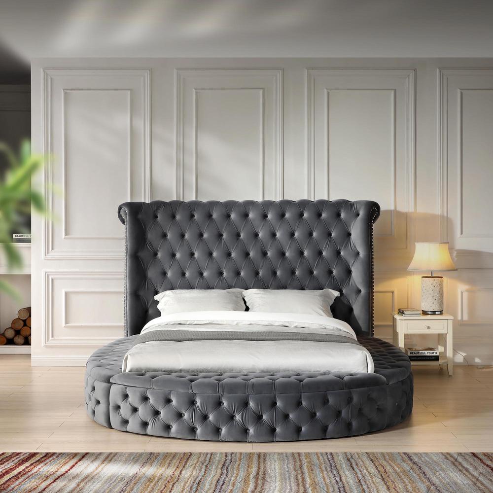 Better Home Products Elizabeth Upholstered Round Storage Queen Bed in Gray. Picture 8