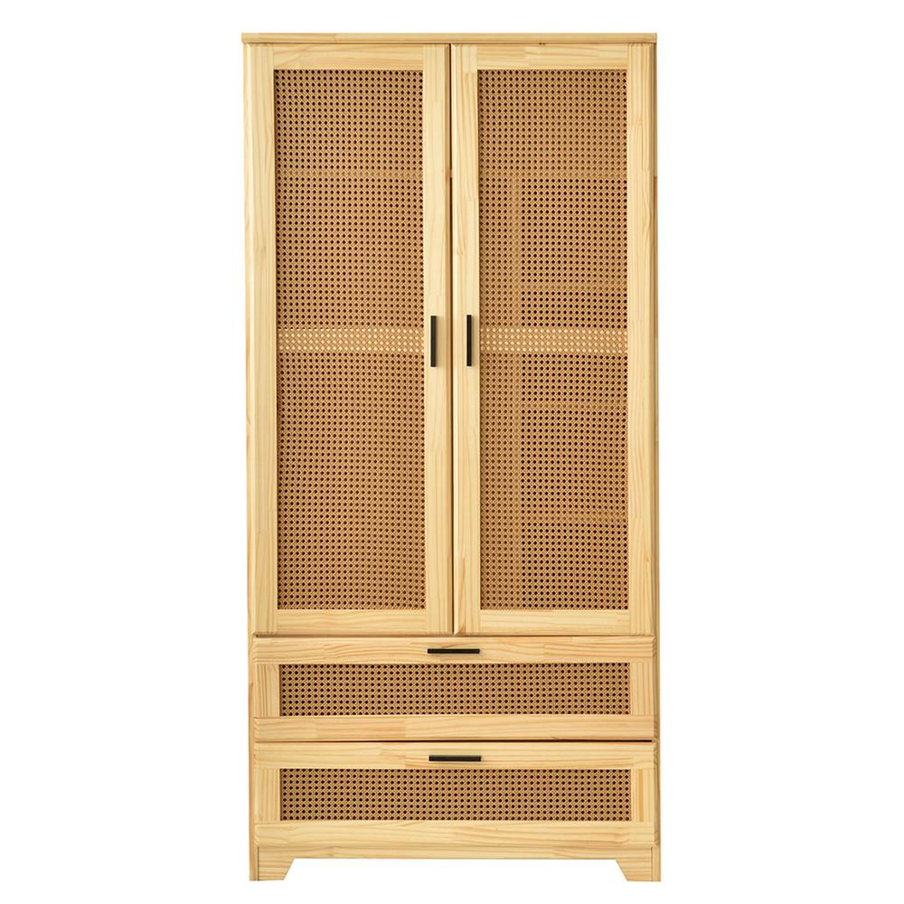 Stylish Pine Wood Closet with Rattan Doors and Two Drawers for Easy Access. Picture 1