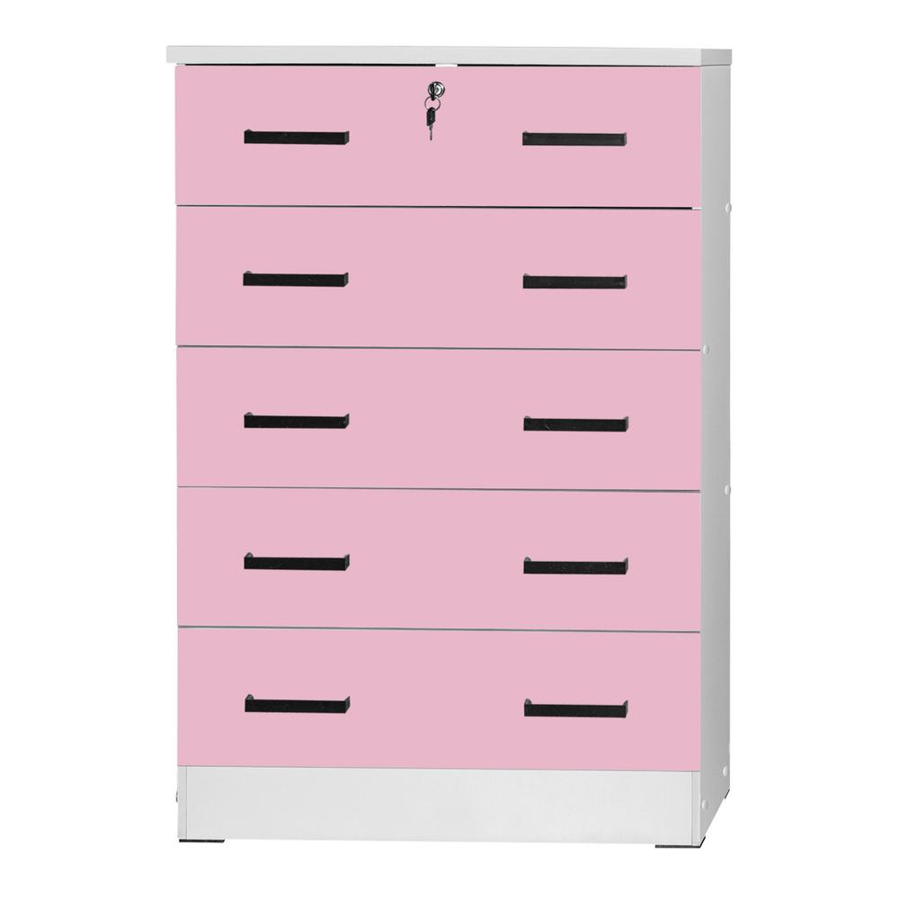 Better Home Products Cindy 5 Drawer Chest Wooden Dresser with Lock in Pink. Picture 3